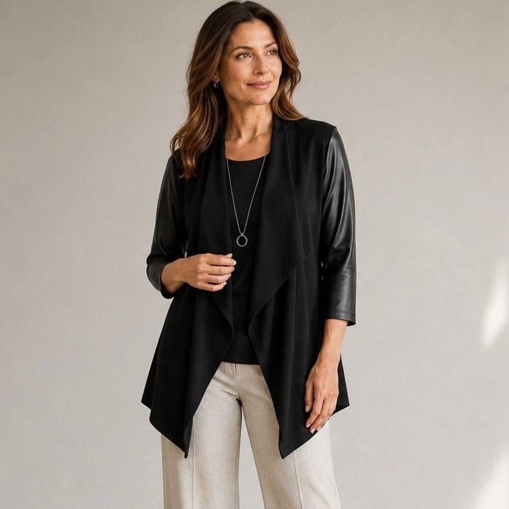 Clara Sun Woo Drape Cardigan Liquid Leather Sleeve Jacket Sz L Black Travel
